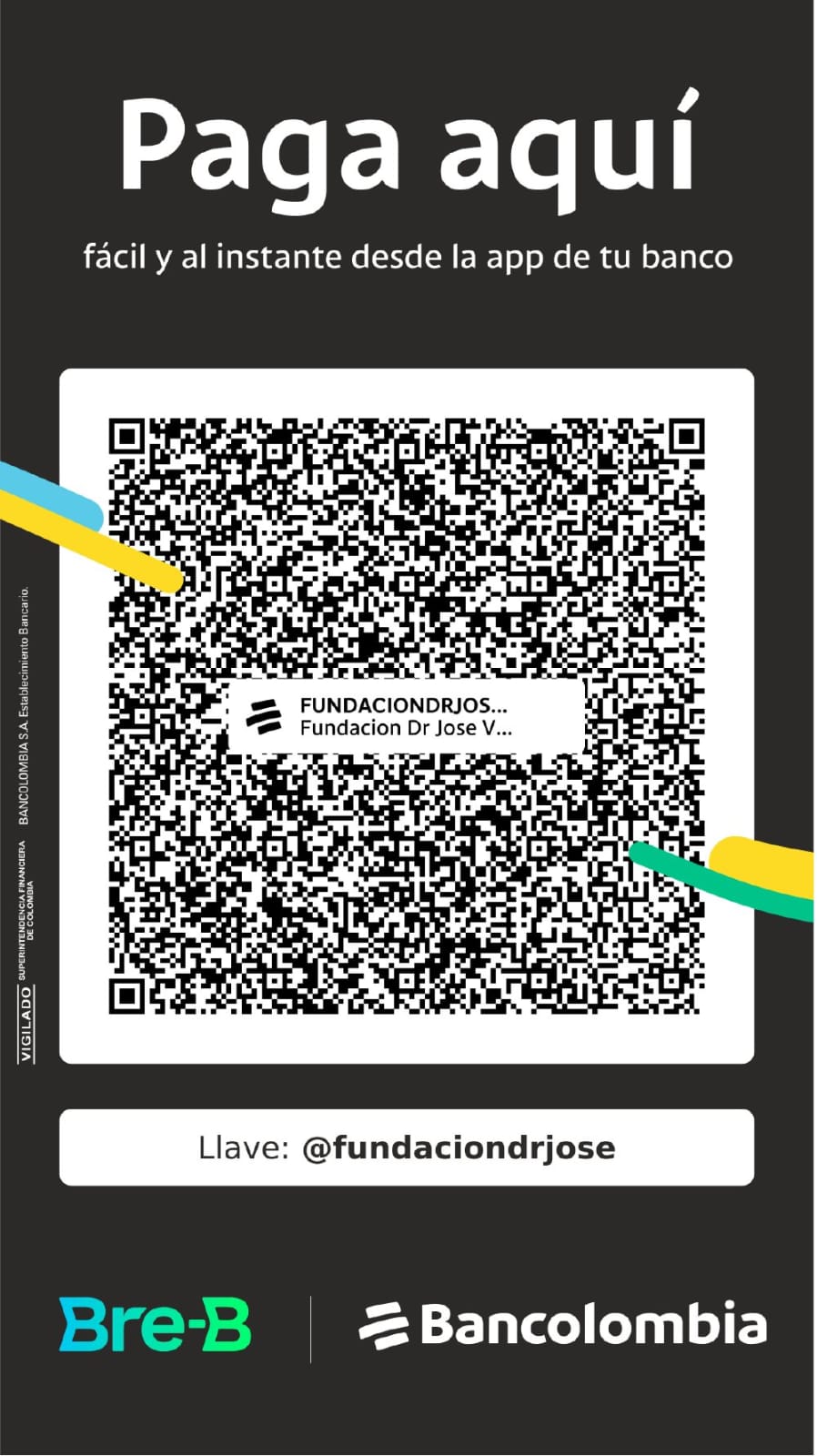 Código QR para realizar donaciones a Fundación Dr. Jose Velásquez por Bancolombia